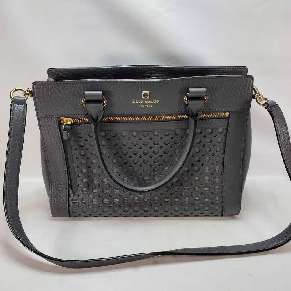 Kate‎ Spade Perri Lane Women Gray Leather Pebbled Gold Hardware Crossbody Tote